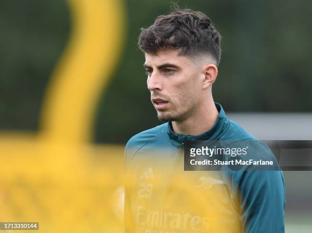 Kai Havertz of Arsenal during a training session at London Colney on October 02, 2023 in St Albans, England.