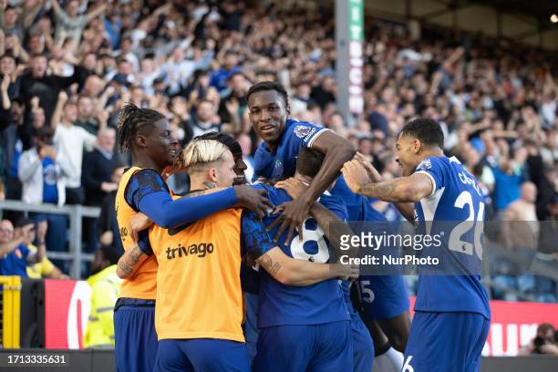 Nicolas Jackson of Chelsea celebrates his team's third goal during the Premier League match between Burnley and Chelsea at Turf Moor, Burnley, on...
