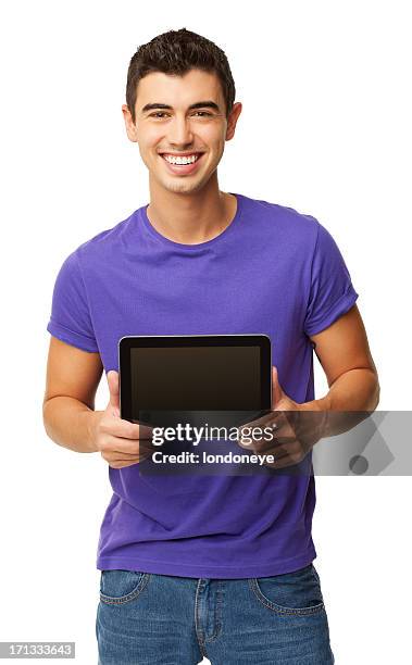 young boy holding digital tablet - isolated - man ipad isolated stock pictures, royalty-free photos & images