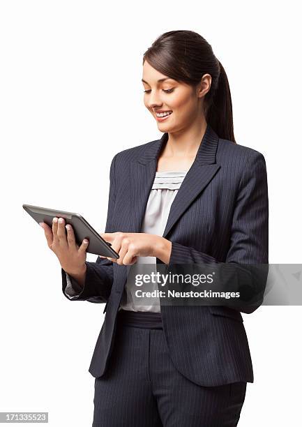 mujer ejecutiva utilizando tableta digital aislada - business woman suit fotografías e imágenes de stock