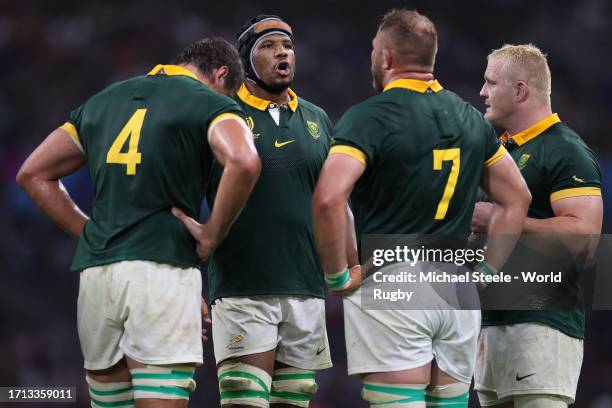 Marvin Orie of South Africa in conversation with Eben Etzebeth , Duane Vermeulen and Vincent Koch during the Rugby World Cup France 2023 match...