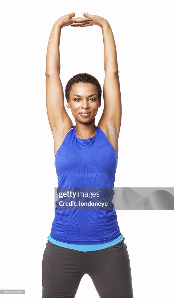 African American Woman Stretching Her Arms Overhead Isolated High
