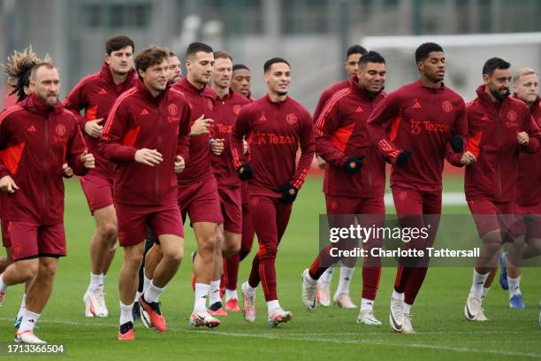 Antony of Manchester United trains during the UEFA Champions League Training Session at Carrington Training Ground on October 02, 2023 in Manchester,...