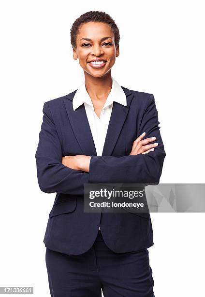 afrikanische amerikanische geschäftsfrau mit hände gefaltet-isoliert - african american young woman portrait white background stock-fotos und bilder