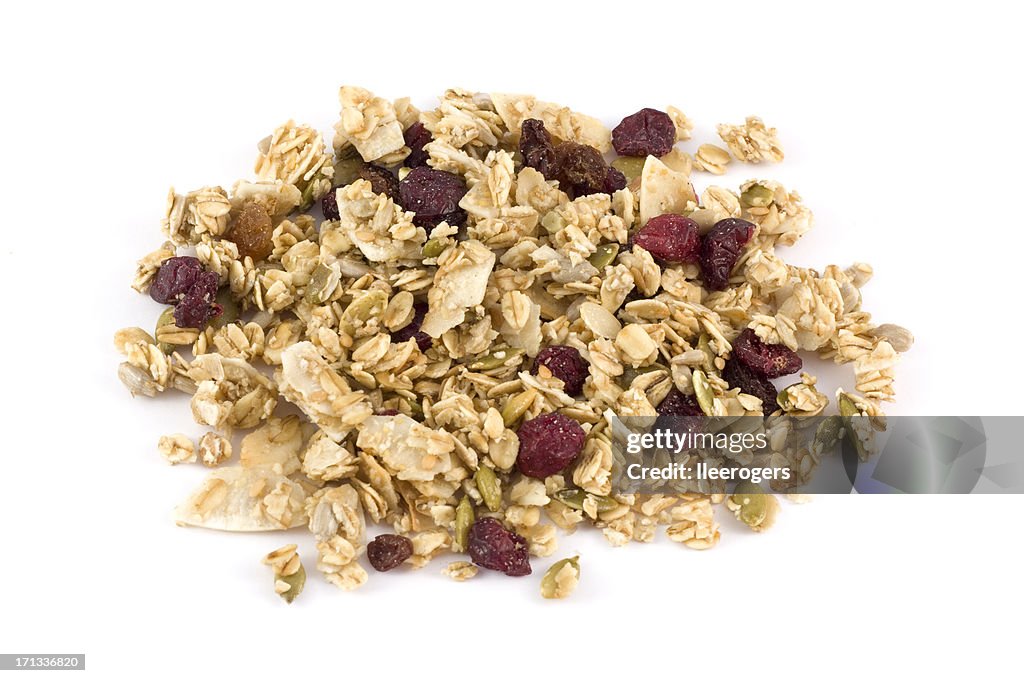 Granola with clusters of wholegrain oats seeds and dried berries