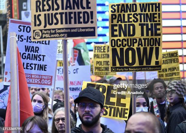 Supporters of Israel and supporters of Palestinians hold demonstrations at the same time at Times Square in New York, United States on October 08,...