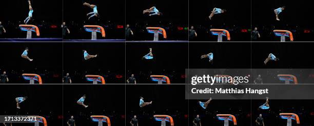 In this composite image, Simone Biles of Team United States performs her new jump routine 'Biles II' Yurchenko double pike vault with coach Laurent...