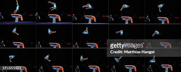 In this composite image, Simone Biles of Team United States performs her new jump routine 'Biles II' Yurchenko double pike vault with coach Laurent...