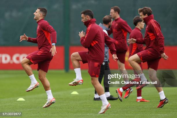 Diogo Dalot of Manchester United trains during the UEFA Champions League Training Session at Carrington Training Ground on October 02, 2023 in...