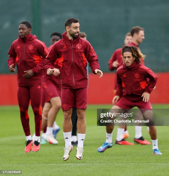 Bruno Fernandes of Manchester United trains during the UEFA Champions League Training Session at Carrington Training Ground on October 02, 2023 in...