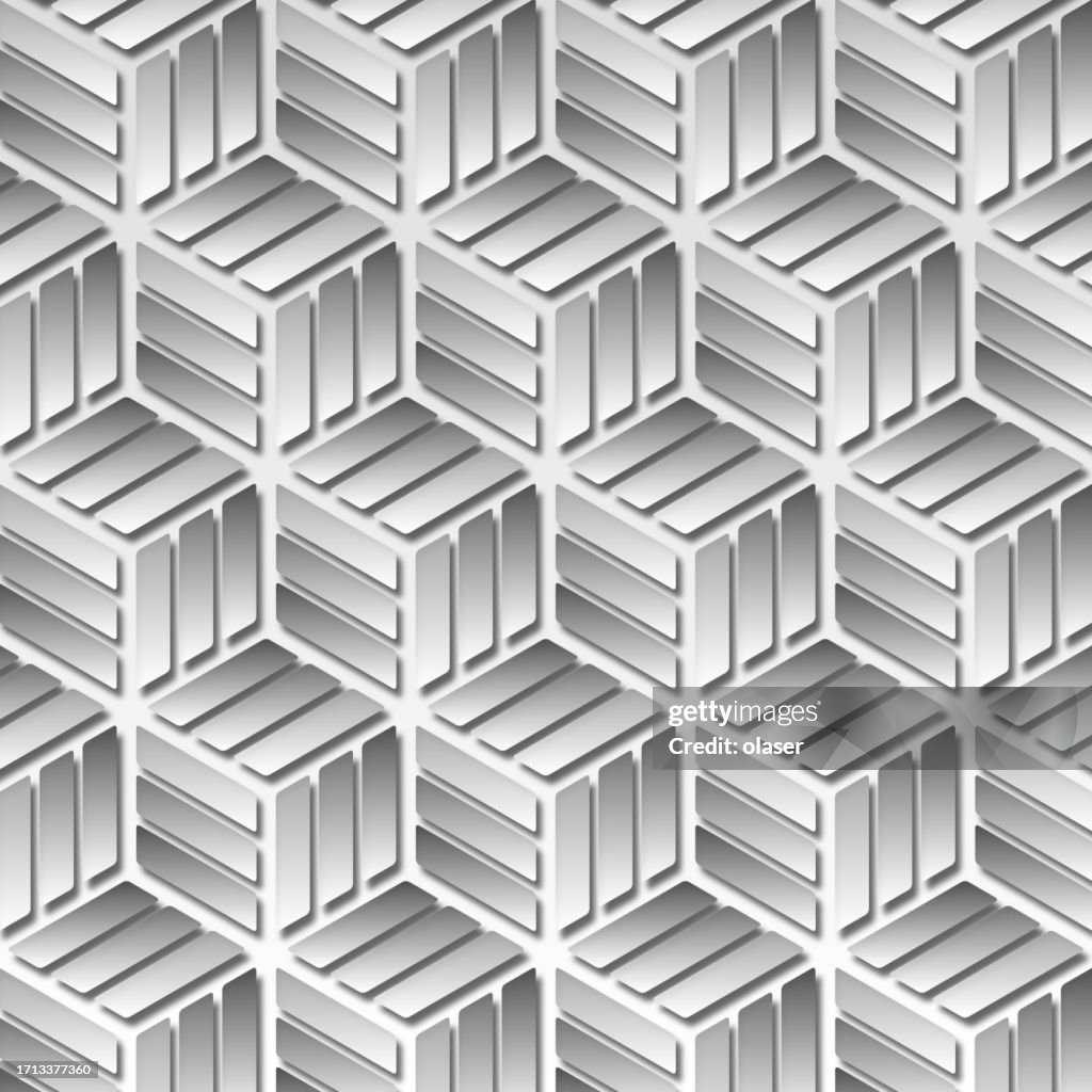Ein Muster aus gestreiften Rauten mit Schatten, die sorgfältig angeordnet sind, um eine Illusion von Würfeln zu bilden, die eine visuell dynamische geometrische Darstellung schaffen.