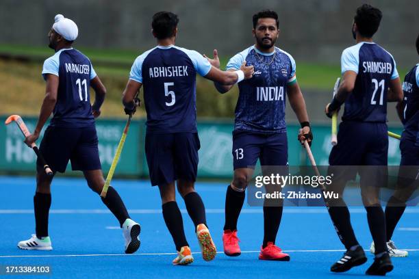 Harmanpreet Singh of India celebrates his goal during The 19th Asian Games, Hockey Preliminary Men's Pool A between India and Bangladesh at Gongshu...