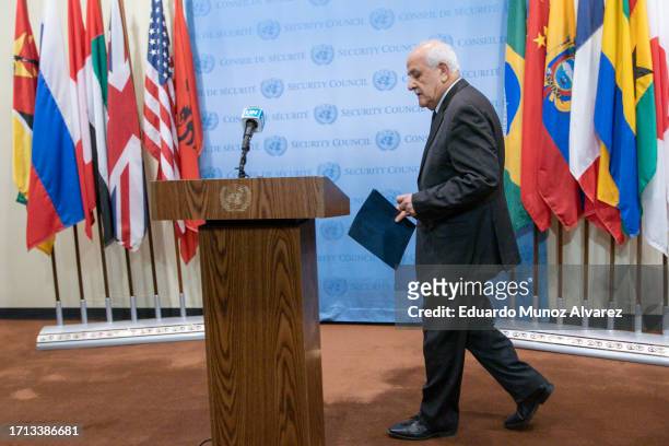 Ambassador Riyad Mansour, Permanent Observer of the State of Palestine to the United Nations arrives to speak to reporters during a press conference...
