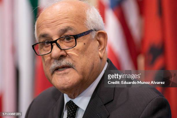 Ambassador Riyad Mansour, Permanent Observer of the State of Palestine to the United Nations speaks to reporters during a press conference before the...