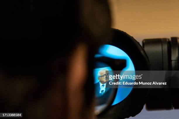 Ambassador Riyad Mansour, Permanent Observer of the State of Palestine to the United Nations is seen through a viewfinder as he speaks to reporters...