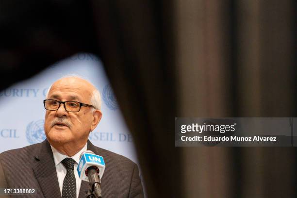 Ambassador Riyad Mansour, Permanent Observer of the State of Palestine to the United Nations speaks to reporters during a press conference before the...