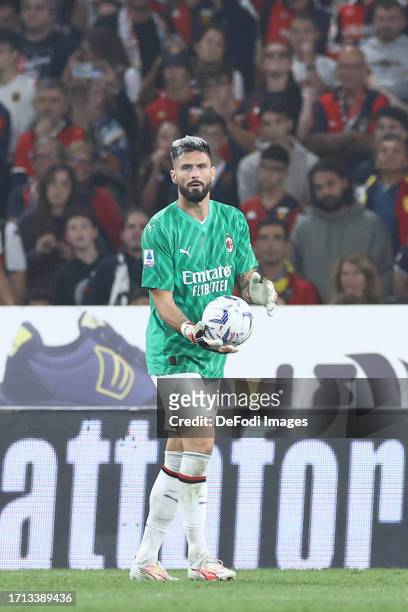Olivier Giroud of AC Milan in action during the Serie A TIM match between Genoa CFC and AC Milan at Stadio Luigi Ferraris on October 7, 2023 in...