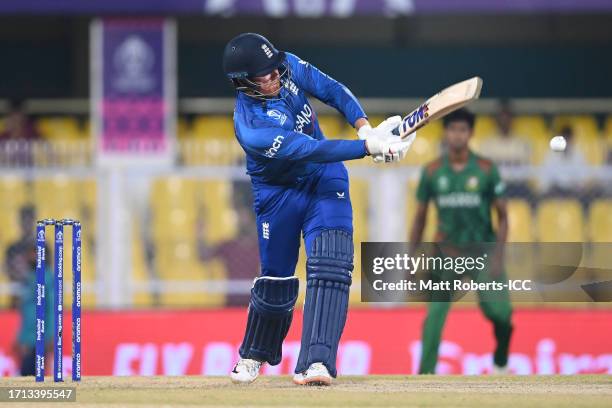 Jonny Bairstow of England bats during the ICC Men's Cricket World Cup India 2023 warm up match between England and Bangladesh at Barsapara Cricket...