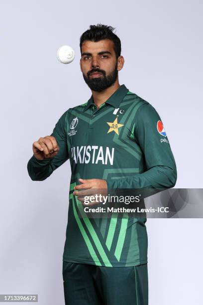 Shadab Khan of Pakistan poses for a portrait ahead of the ICC Men's Cricket World Cup India 2023 on October 02, 2023 in Hyderabad, India.