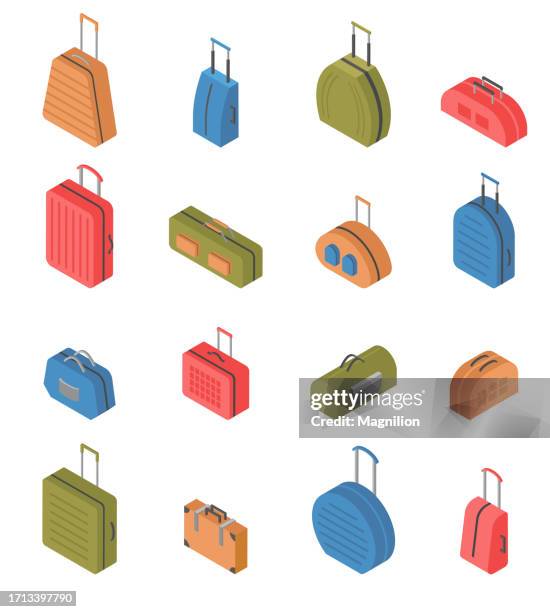 ilustraciones, imágenes clip art, dibujos animados e iconos de stock de bolsas de viaje, equipaje, vector isométrico - equipaje de mano