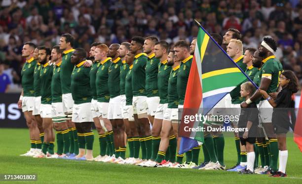 South Africa line up for the anthems during the Rugby World Cup France 2023 Pool B match between South Africa and Tonga at Stade Velodrome on October...