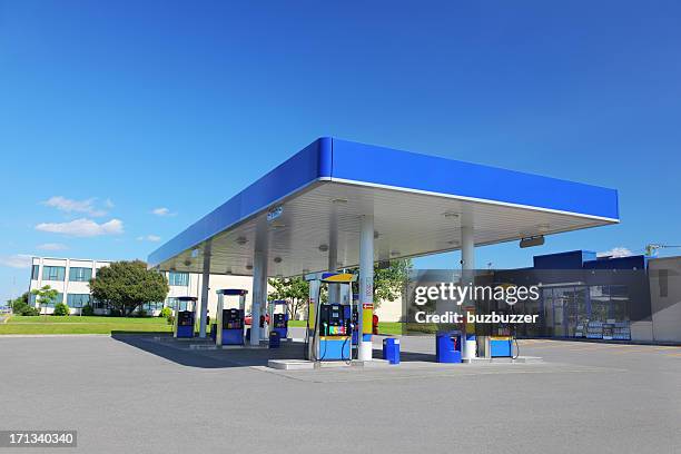 modern blue service station - benzinestation stockfoto's en -beelden