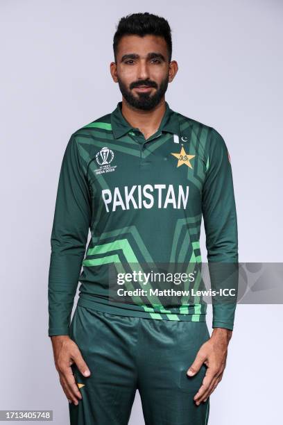 Usama Mir of Pakistan poses for a portrait ahead of the ICC Men's Cricket World Cup India 2023 on October 02, 2023 in Hyderabad, India.