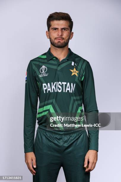 Shaheen Afridi of Pakistan poses for a portrait ahead of the ICC Men's Cricket World Cup India 2023 on October 02, 2023 in Hyderabad, India.