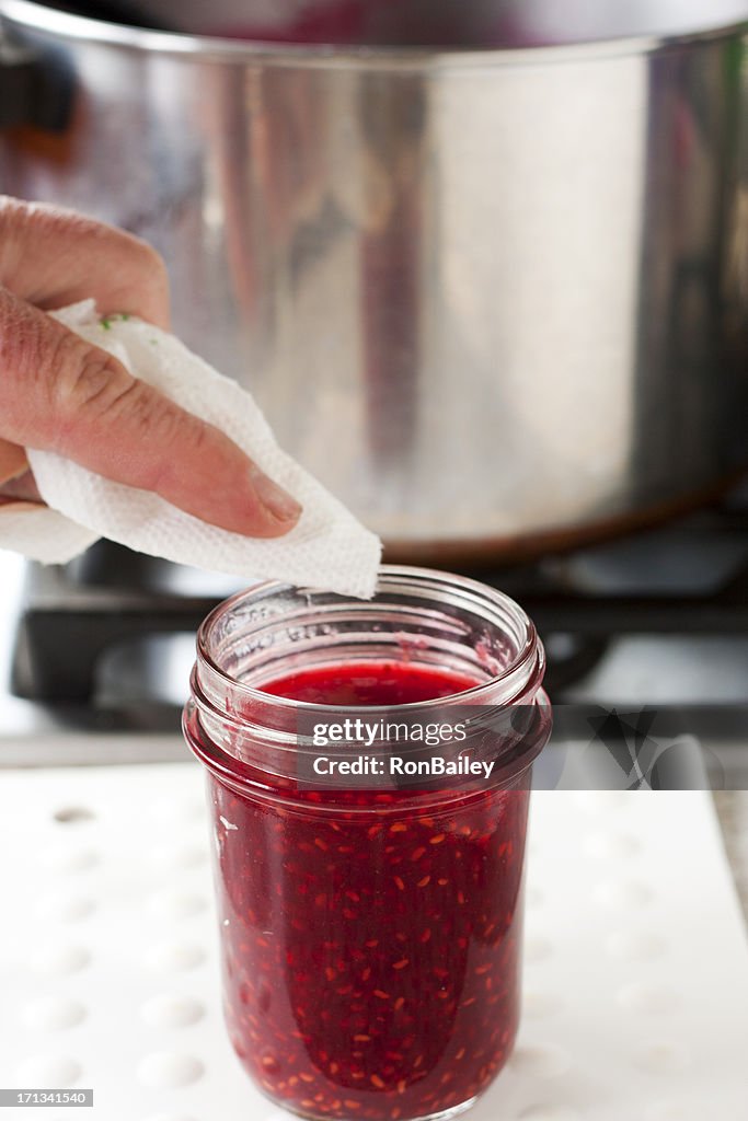 Making Raspberry Jam - Wiping the Rim