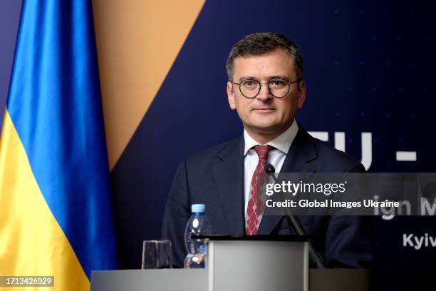 Minister of Foreign Affairs of Ukraine Dmytro Kuleba speaks during a common press conference with High Representative of the European Union for...