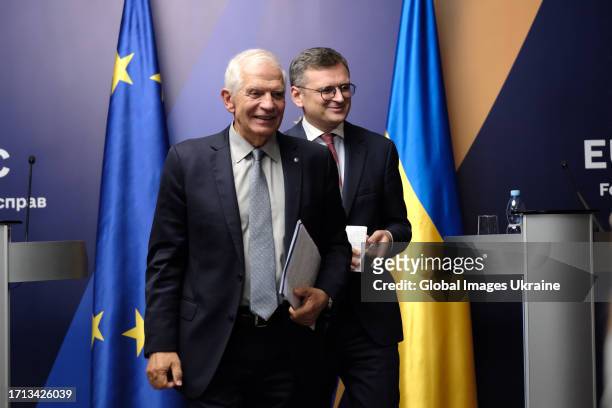 High Representative of the European Union for Foreign Affairs and Security Policy Josep Borrell leaves with Minister of Foreign Affairs of Ukraine...