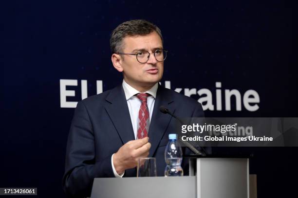 Minister of Foreign Affairs of Ukraine Dmytro Kuleba speaks during a common press conference with High Representative of the European Union for...