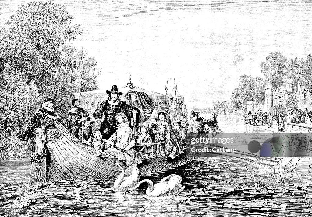Charles I and Family in Royal Barge - Victorian Illustration