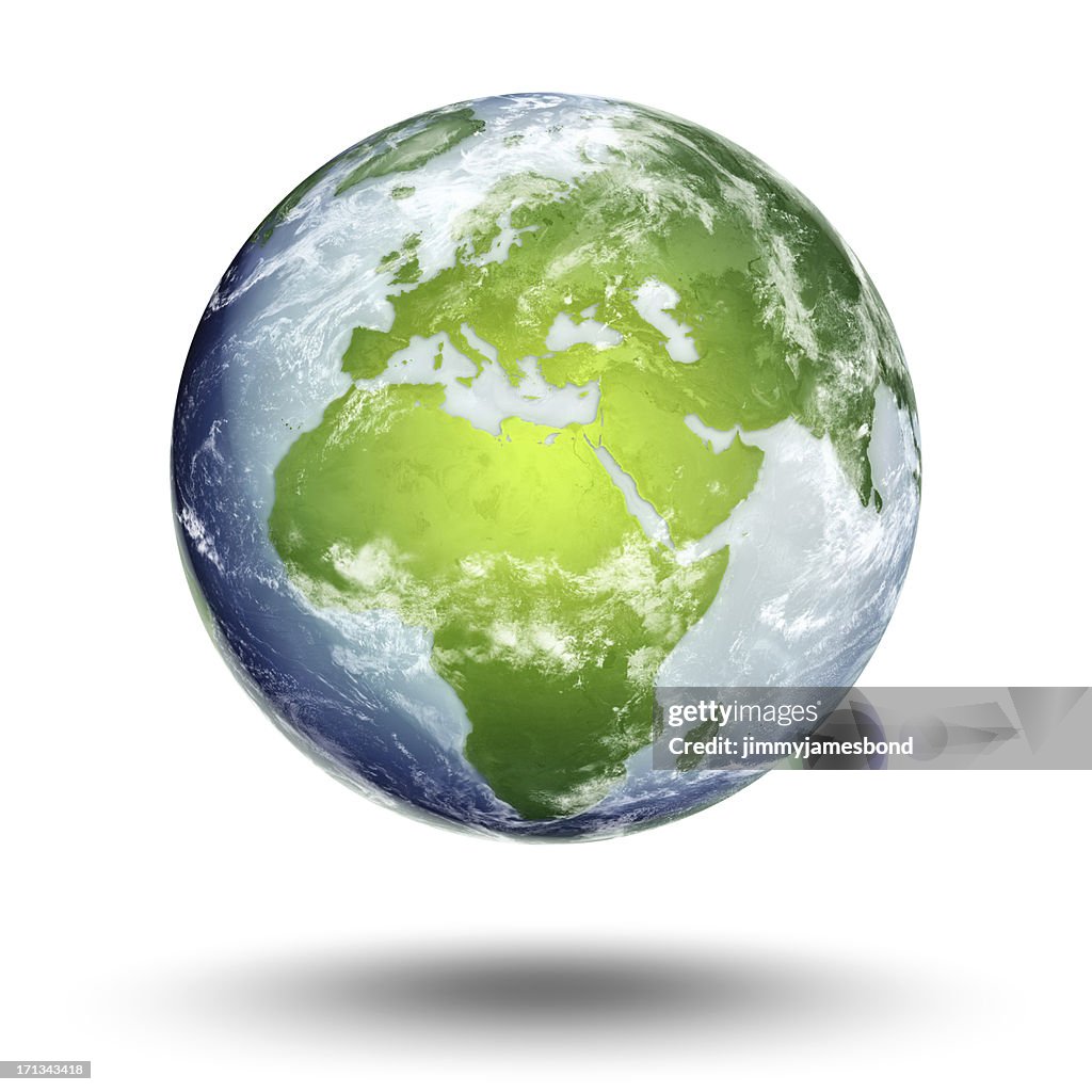 The European Eastern hemisphere on a globe isolated on white