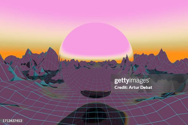 a big sphere levitating and reflecting the cyberspace dimension with colorful sky. - dream big stockfoto's en -beelden