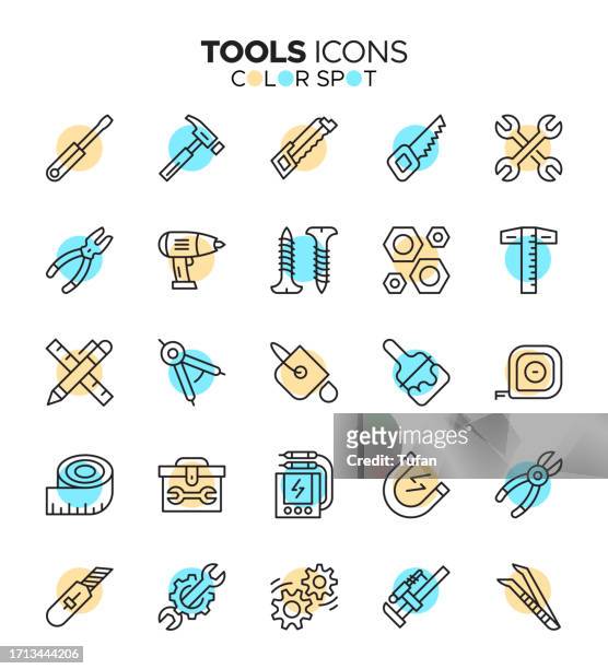 ilustraciones, imágenes clip art, dibujos animados e iconos de stock de conjunto de iconos de herramientas: 25 iconos esenciales para proyectos de bricolaje y artesanía - nut bolt