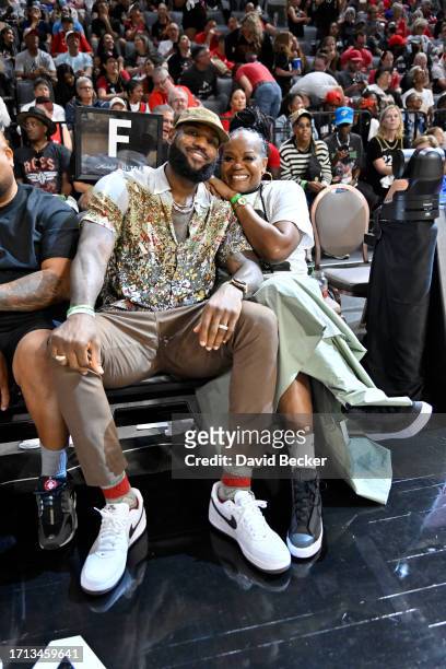 LeBron James of the Los Angeles Lakers and WNBA Legend Sheryl Swoopes attend Game 1 of the 2023 WNBA Finals on October 8, 2023 at the Michelob ULTRA...