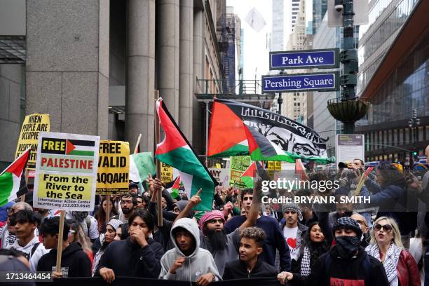 People march in support of Palestinians in New York on October 8, 2023 after the Palestinian militant group Hamas launched an attack on Israel....