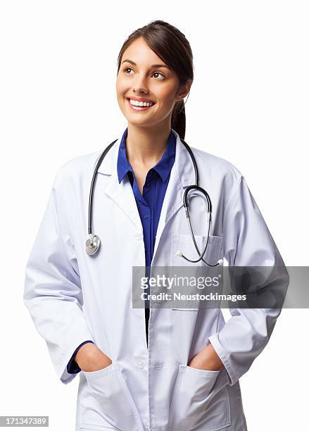young healthcare professional smiling - isolated - female doctor on white stock pictures, royalty-free photos & images
