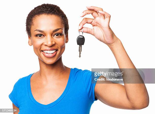 african american woman holding car key - isolated - car keys on white stock pictures, royalty-free photos & images