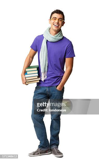 male college student holding books - isolated - scarf isolated stock pictures, royalty-free photos & images