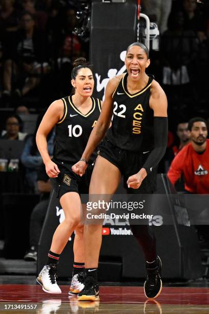 Ja Wilson of the Las Vegas Aces celebrates during Game 1 of the 2023 WNBA Finals on October 8, 2023 at the Michelob ULTRA Arena in Las Vegas, Nevada....