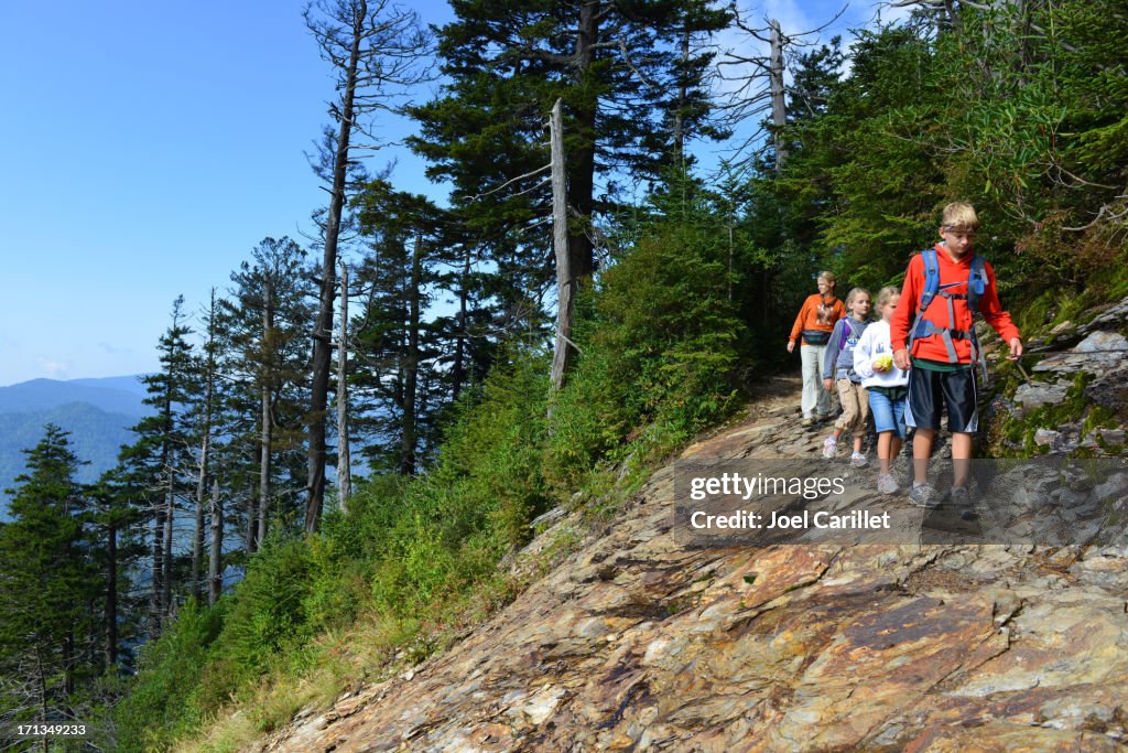 Hiking family in Smoky Mountains