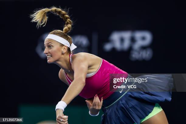 Petra Kvitova of the Czech Republic returns a shot in the Women's Singles Round of 32 match against Liudmila Samsonova of Russia on day seven of 2023...