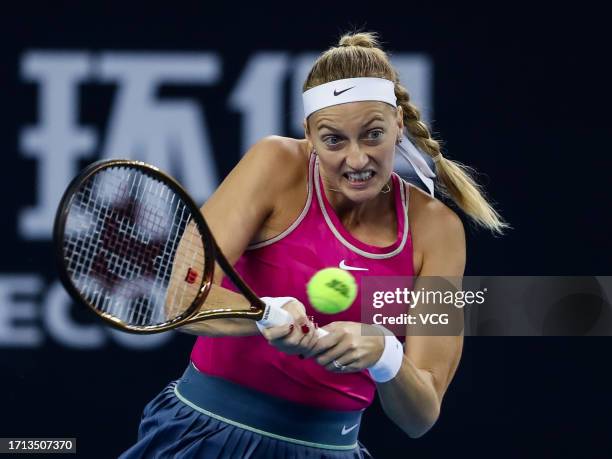 Petra Kvitova of the Czech Republic returns a shot in the Women's Singles Round of 32 match against Liudmila Samsonova of Russia on day seven of 2023...