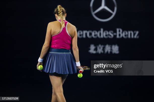 Petra Kvitova of the Czech Republic reacts in the Women's Singles Round of 32 match against Liudmila Samsonova of Russia on day seven of 2023 China...