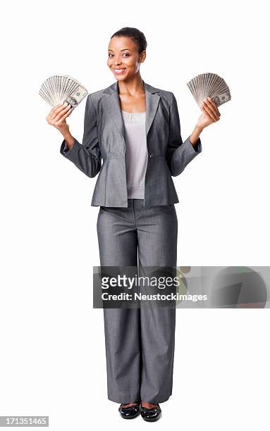 geschäftsfrau hält sie geld-isoliert - african american woman with money stock-fotos und bilder