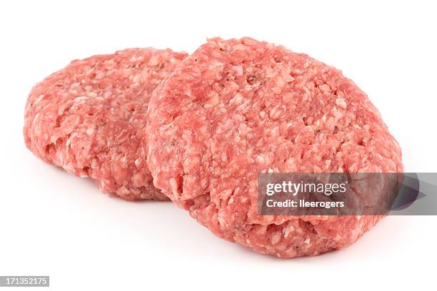 two delicious angus beef burgers isolated on a white background - ground beef stock pictures, royalty-free photos & images