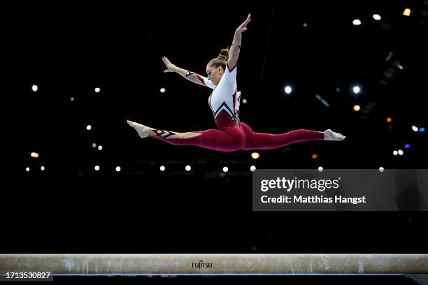 Karina Schoenmaier of Team Germany competes on Balance Beam during the Women's Qualifications on Day Three of the 2023 Artistic Gymnastics World...