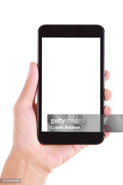 mano sosteniendo teléfono inteligente con pantalla en blanco sobre fondo blanco - blank screen fotografías e imágenes de stock